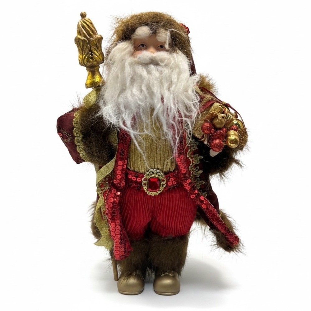 Vintage Father Christmas Old World Santa Figurine Staff Sequins Burgundy Velvet